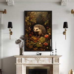 Wildtiere Wand Kunst Igel im Wald Stimmungsvolle Malerei Leinwand oder Poster, Cabin Wall Art Cottagecore Dekor gerahmt, fertig zum Aufhängen