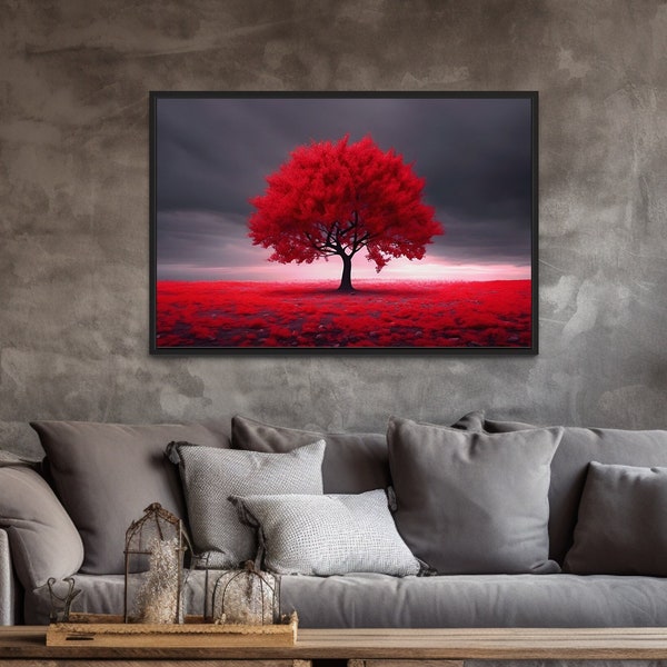 Roter Baum auf schwarzem Hintergrund, Wandkunst – Baumgemälde auf Leinwand – Wohnzimmer-Dekoration, gerahmt oder ungerahmt, fertig zum Aufhängen