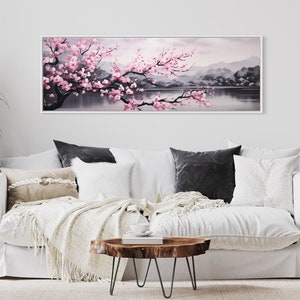 Over Bed Wall Art - Pink Cherry Blossom On Japanese Landscape Panoramic Painting Long Horizontal Canvas Print Ready To Hang