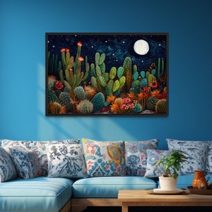 Mexican Cactus Wall Art - Starry Night Over Sonoran Desert At Night Pueblo Style Cactus Landscape, Southwestern Wall Decor Ready To Hang