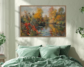 Vintage tuinmuurkunst, kleurrijk bloemenlandschap canvas print, boerderij muurkunst ingelijst, klaar om op te hangen