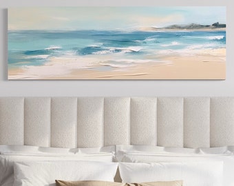 Calm Ocean Beach Wall Art Panoramic Canvas Print - Neutral Coastal Minimalist Landscape - Over Bed Wall Art - Framed/Unframed Ready To Hang