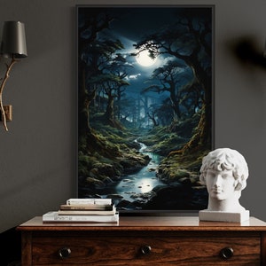 Gothic Wall Art Dark Forest And Moon, Enchanted Forest Painting - Poster Or Canvas Print, Dark Academia Art, Framed Ready To Hang