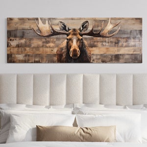 Moose Painted On Wood Canvas Print - Rustic Cabin, Cottage Wall Art, Over Mantel Long Horizontal Decor - With or Without Frame Ready To Hang