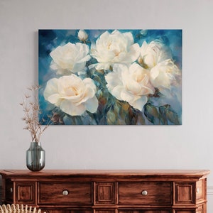 White Roses on Blue Background Abstract  Painting Canvas Print, Floral Boho Living Room, Bedroom Wall Art, Framed Unframed Ready To Hang