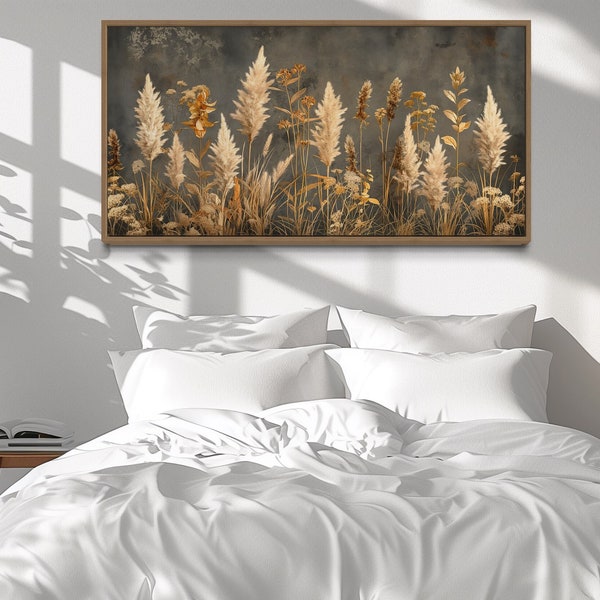 Brown Beige Grey Wall Art, Pampas Grass On Grey Background Neutral Painting Canvas Print Horizontal Living Room Bedroom Decor Ready To Hang