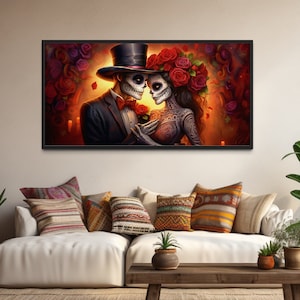 Day of The Dead Mexican Wall Art - Sugar Skull Couple Love Painting Canvas PRINT, Dia De Los Muertos Artwork Ready To Hang
