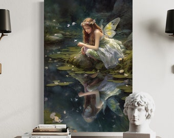 Fairy Painting - Beautiful Forest Fairy Near Pond - Girls Room Fantasy Vertical Wall Art Canvas Print Framed Unframed Ready To Hang