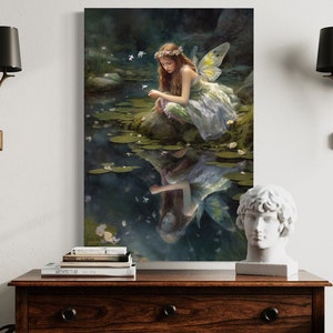 Fairy Painting Beautiful Forest Fairy Near Pond Girls Room Fantasy Vertical Wall  Art Canvas Print Framed Unframed Ready to Hang 