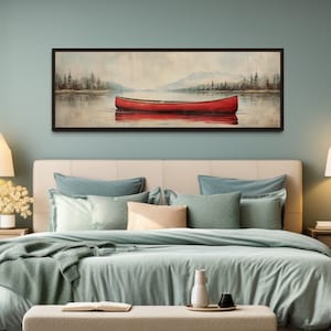 Rustic Red Canoe Painting On Wood Effect Canvas Print, Long Horizontal Over Bed Retro Cabin Wall Art,  Lodge Decor Framed Ready To Hang