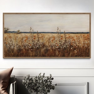 Framed Wildflowers Field Canvas Painting Print, Retro Farmhouse Wall Art, Boho Botanical Rustic Home Decor, Ready To Hang image 1