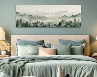 Sage Green Watercolor Over Bed Wall Art - Mountains Lake Long Horizontal Painting Canvas Print, Minimalist Bedroom Wall Decor Ready To Hang