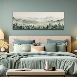 Sage Green Watercolor Over Bed Wall Art - Mountains Lake Long Horizontal Painting Canvas Print, Minimalist Bedroom Wall Decor Ready To Hang