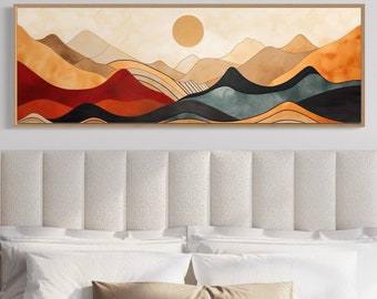 Mid Century Modern Mountain Wall Art Abstract Panoramic Painting Print On Long Horizontal Canvas With or Without Frame Ready To Hang