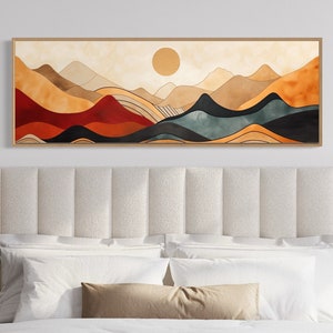 Mid Century Modern Mountain Wall Art Abstract Panoramic Painting Print On Long Horizontal Canvas With or Without Frame Ready To Hang