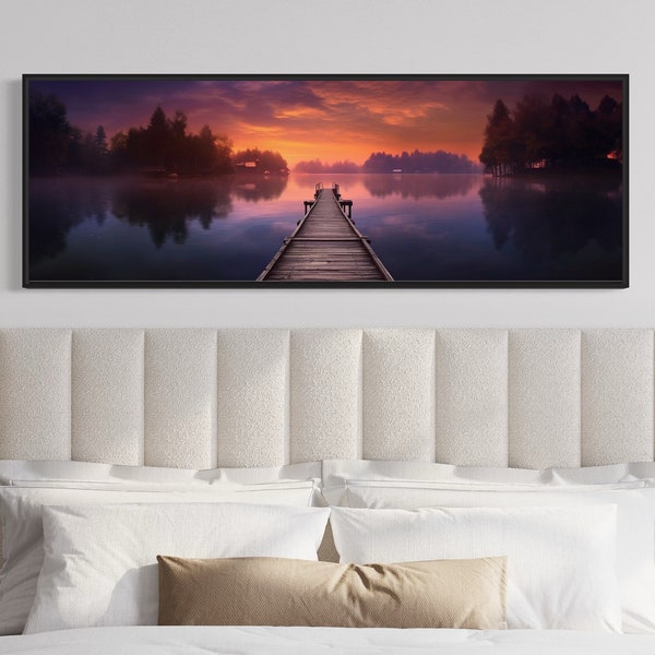 Lake House Wall Art, Lake Landscape With Dock Fishing Pier Sunset Panoramic Painting Canvas Print Cabin Over Bed Decor Ready To Hang
