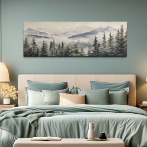 Foggy Forest Sage Green Painting Long Horizontal Canvas Print, Panoramic Farmhouse Over Bed Wall Art Framed Ready To Hang