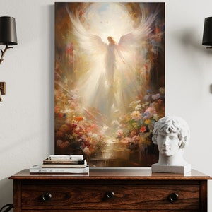 Pintura de ángel, ángel en el cielo con arte de pared de luz celestial, obra de arte espiritual religiosa cristiana lista para colgar