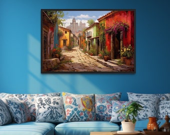 Mexican Wall Art - Mexican Old Town Street Oil Painting - Mexican Gift - Colorful Wall Art Living Room - Framed Or Unframed  Ready To Hang