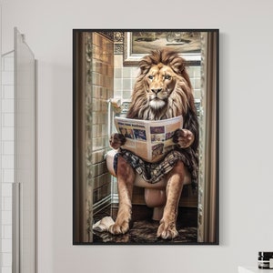 Funny Wall Art For Men - Lion In Robe Sitting on Toilet Reading Newspaper Canvas, Masculine Wall Art Framed Ready To Hang