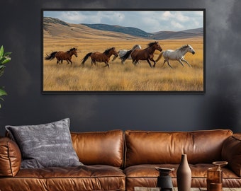 Wild Horses Extra Large Wall Art, Running Horses Painting Canvas Print, Animals Nature Photo Style Decor Framed, Unframed, Ready To Hang