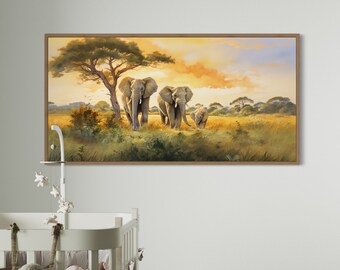 Nursery Wall Art African Wall Decor, Elephant Family In Savanna Painting Canvas Print, African Landscape Wall Decor Framed Ready To Hang
