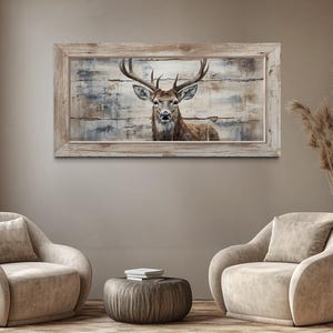 Deer Painting On Wood Canvas Print Extra Large Farmhouse Wall Art,  Elk Rustic Chic Wall Art, Cabin Decor Framed, Unframed, Ready To Hang