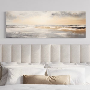 Over Bed Wall Art Gold And Silver Abstract Beach Sunset Minimalist Painting Canvas Print, Long Horizontal Panoramic Artwork Ready To Hang