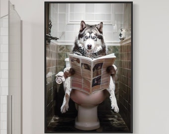 Alaskan Husky Dog On The Toilet Reading Newspaper, Funny Bathroom Art, Toilet Humor Animal Print or Canvas Framed Unframed Ready To Hang