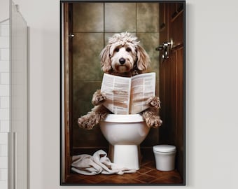 Goldendoodle Dog On The Toilet Reading Newspaper, Funny Bathroom Art, Toilet Humor Animal Print or Canvas Framed Unframed Ready To Hang