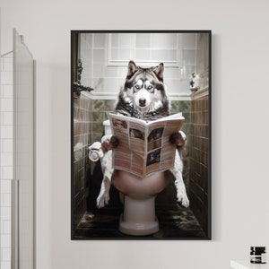 Alaskan Husky Dog On The Toilet Reading Newspaper, Funny Bathroom Art, Toilet Humor Animal Print or Canvas Framed Unframed Ready To Hang