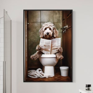 Goldendoodle Dog On The Toilet Reading Newspaper, Funny Bathroom Art, Toilet Humor Animal Print or Canvas Framed Unframed Ready To Hang