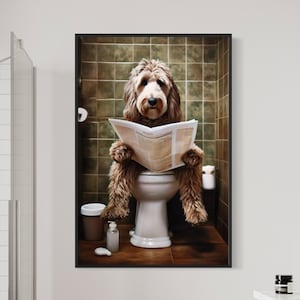 Labradoodle Dog On The Toilet Reading Newspaper, Funny Bathroom Art, Toilet Humor Animal Print or Canvas Framed Unframed Ready To Hang