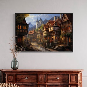 Medieval Village Painting Canvas Print, European Old Town Whimsical Wall Art, Framed Ready To Hang