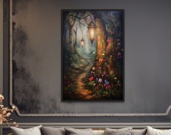 Verzauberter magischer Wald Druck auf Leinwand - mystischer Wald und beleuchteter Pfad, Wandbild, coole Fantasy-Malerei