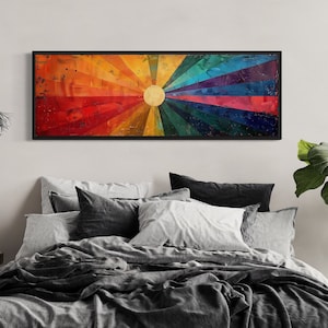 Mid Century Modern Wall Art Abstract Sun Rays Panoramic Painting Print On Long Horizontal Canvas Extra Large Colorful Framed Ready To Hang