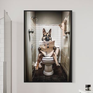 German Shepherd On Toilet Wall Art, Reading Newspaper, Funny Bathroom Art, Toilet Humor Animal Print or Canvas Framed Unframed Ready To Hang