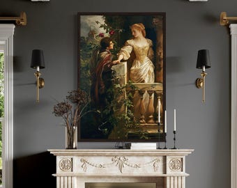 Romeo And Juliet Balcony Scene Retro Painting Canvas PRINT, Medieval Dark Academia Wall Art Literature Library Wall Decor Ready To Hang