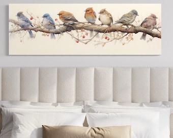 Panoramic Small Birds Perched On a Branch Watercolor Painting Farmhouse Decor  Print On Long Horizontal Canvas Framed Unframed Ready To Hang