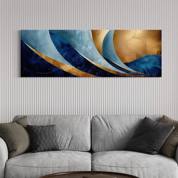 Long Navy Blue Gold Wall Art, Above Bed Or Couch Narrow Horizontal Wall Decor,  Modern Minimalist Abstract Living Room Art Ready To Hang