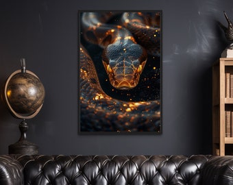 Snake Wall Art, Black Gold Boa Painting Canvas Print, Exotic Animal Luxury Wall Decor Framed Ready To Hang