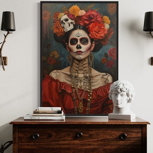 Mexican Wall Art Canvas - Day of The Dead Woman Painting - Sugar Skull - El Día de los Muertos Framed Or Unframed Ready To Hang