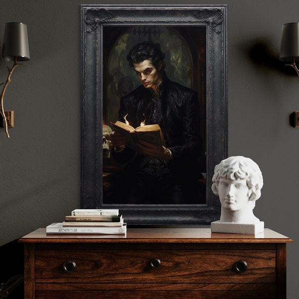 Vampire in Library Reading a Book Painting Canvas or Poster Print, Bookish Gothic Wall Art, Dark Academia Moody Decor Framed Ready To Hang