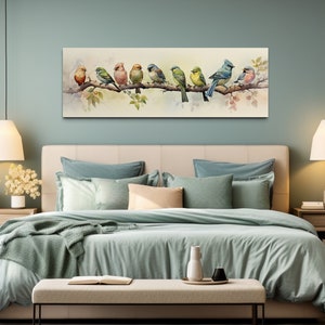 Panoramic Small Colorful Birds On a Branch Watercolor Painting Farmhouse Decor Print On Long Horizontal Canvas Framed Unframed Ready To Hang