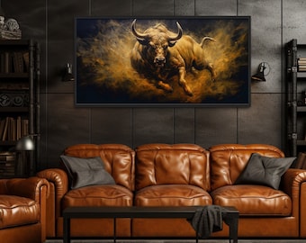 Bull Painting Print On Canvas - Man Cave Decor, Office, Game Room Art - Charging Bull Wall Art Framed, Unframed, Ready To Hang