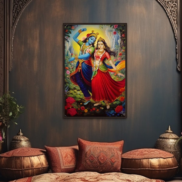 Lord Krishna And Radha Dancing Colorful Painting Canvas Print, Indian Wall Art, Indian Wedding Gift Framed  Ready To Hang
