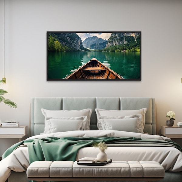 Emerald Green Lake View With Wooden Boat Painting Cavas Print, Lake House Wall Art, Canoe Kayak Wall Decor - Framed Unframed Ready To Hang