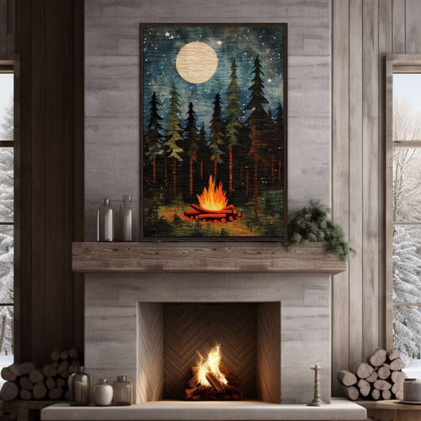 Campfire At Night, Cozy Cabin Over Mantel Decor, Camping Wall Art Fire Moon Painting Canvas Print, Camping Wall Art Framed Ready To Hang