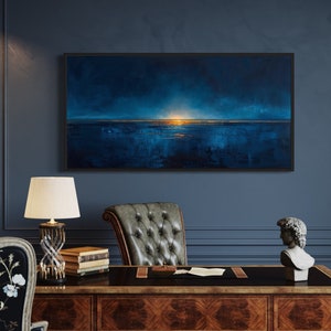 Abstract Navy Blue Gold Calm Ocean Painting Canvas PRINT, Minimalist Modern Ocean Horizon At Night Wall Art, Seascape, Framed Ready To Hang