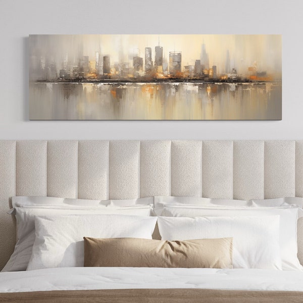 Gold And Silver Living Room Wall Art - Abstract Chicago Skyline Painting Canvas Print, Long Horizontal Panoramic Artwork Ready To Hang